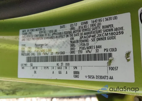 2012 Ford Fiesta Se из США, поврежденный, VIN 3FADP4EJXCM180259